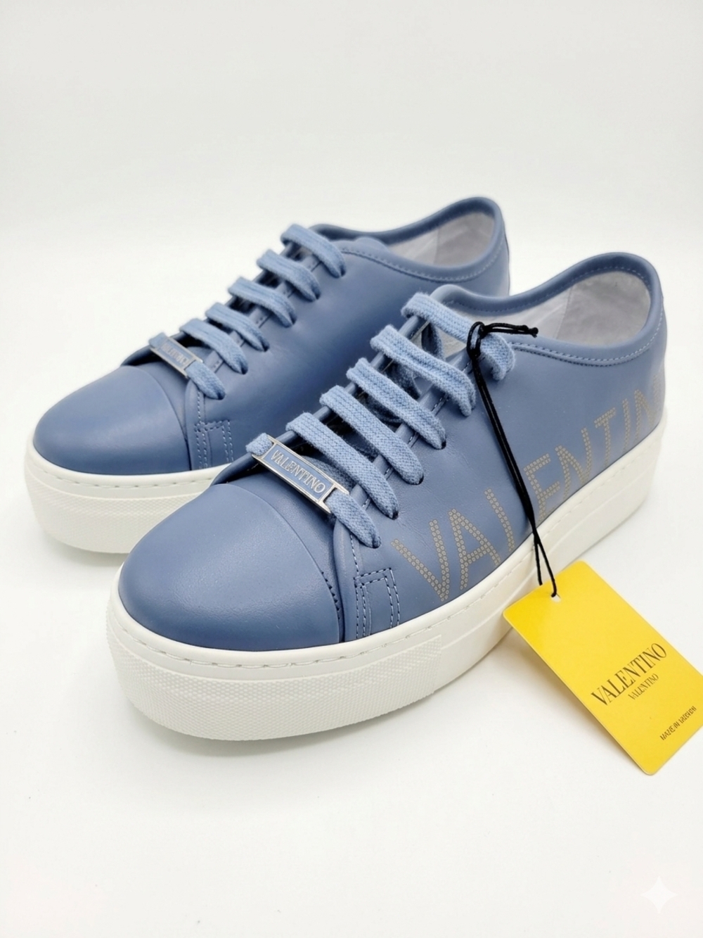 Valentino Blue Leather Platform Sneakers with White Soles